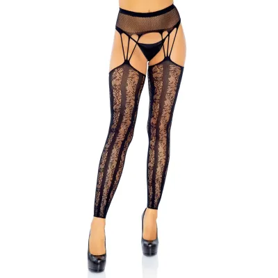 Lace Footless Stockings With Attached Fishnet Garter Belt Black
