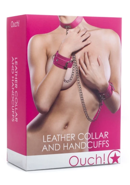 Leather Collar And Handcuffs - Pink -