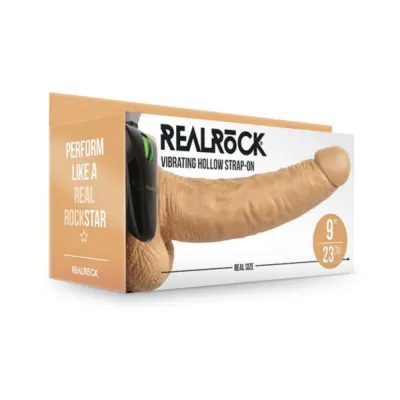 Realrock Vibrating Hollow Strap on With Balls 9 In Mocha