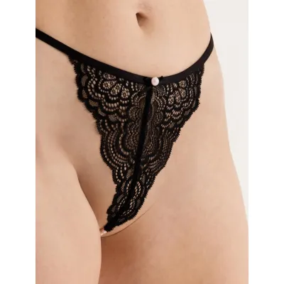 Lovehoney Satin Romance Black Lace Pearl Thong