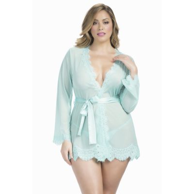 Eyelash Lace Robe And G String Turquoise
