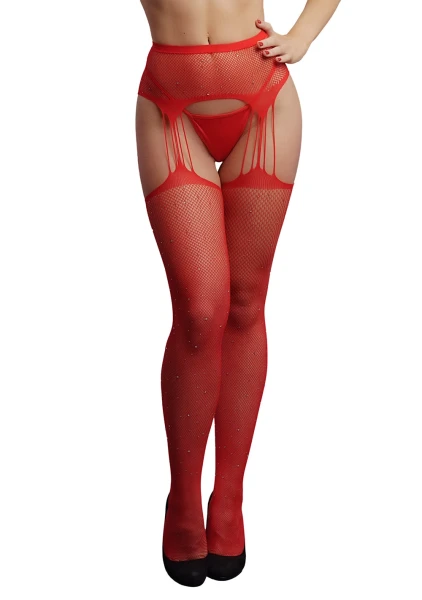 Le Désir Red Suspender Rhinestone Pantyhose