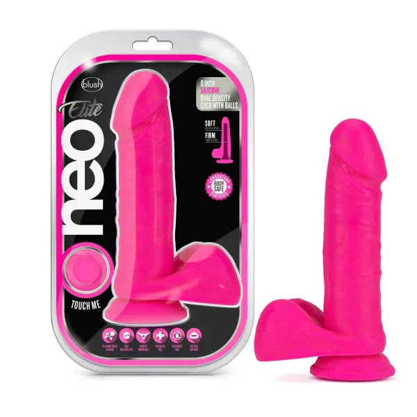 Neo Elite - 8-inch Silicone Dual-density Cock With Balls - Neon Pink