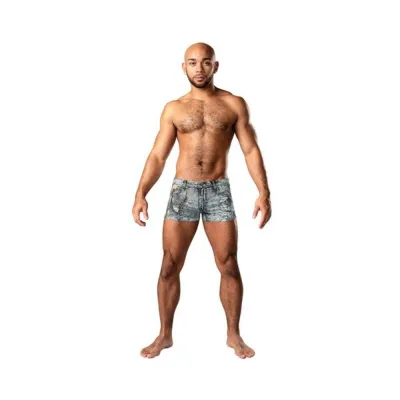 Men s Clothing Male Power Dirty Denim Pouch Short Denim Print S