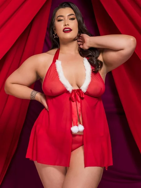 Lovehoney Plus Size Holiday Pom-Pom Red Sheer Babydoll Set
