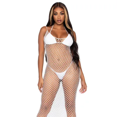 Leg Avenue Woven Twist Net Maxi Dress White UK 8 to 14