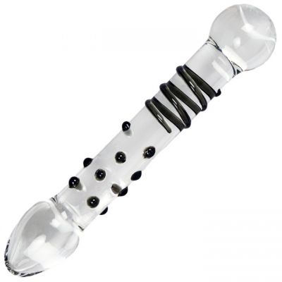 Glacier Glass Black Spiral and Dot Dual Sided Dildo 5 5 Inch