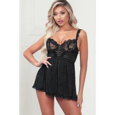 Seven Til Midnight Heart You Black Lace Heart Mesh Babydoll with Thong
