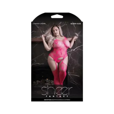 Women s Lingerie Fantasy Lingerie Sheer Devotion Heart Patterned Bodystocking G string Panty Pink Queen Size