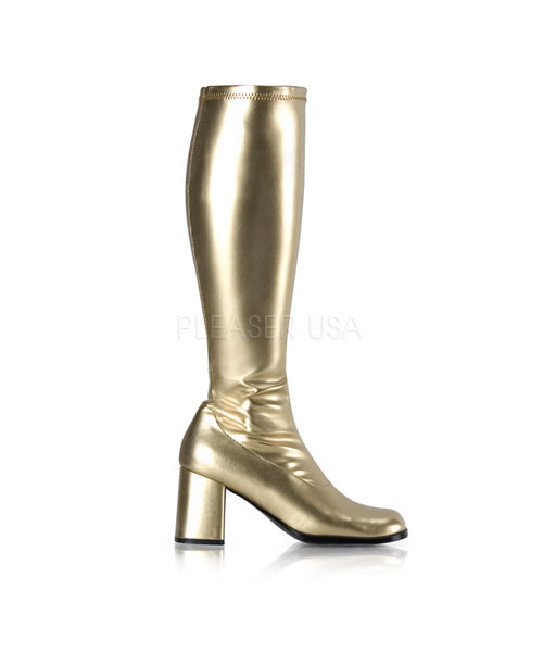 GOGO-300 - 3" Block Heel Gogo Boots, Gold PU, Side Zip