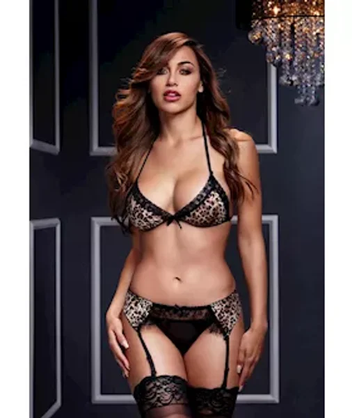 Leopard And Lace Bra Top With Garter And Panty  - Black+leopard - O/s — image 2 of 2