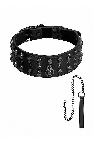 Ouch! Skulls And Bones Neck Chain With Skulls And Leash Black