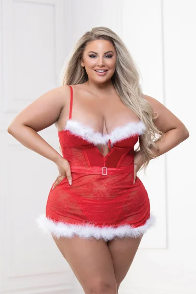 Two Piece Lace and Stretch Satin Chemise With Marabou Trim and G-String Set - 1x-2x - Red