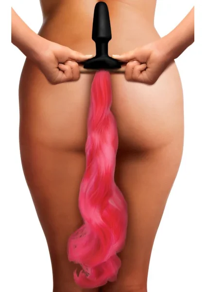 Tailz Black Silicone Anal Plug With Hot Pink Pony Faux Fur Tail