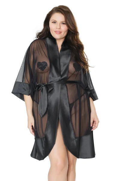 Plus Size Black Satin & Stretch Mesh Kimono — image 11 of 12