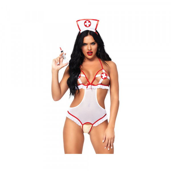 2pc Naughty Nurse, Includes Crotchless Teddy With Peek-a-boo Cups And Matching Headband O/s Wh/rd