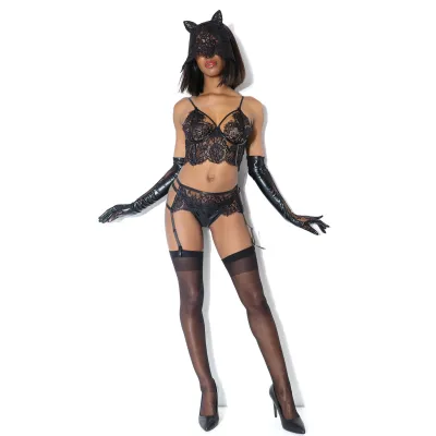 Wet Look Lined Black Lace Bra Garter Panty Set