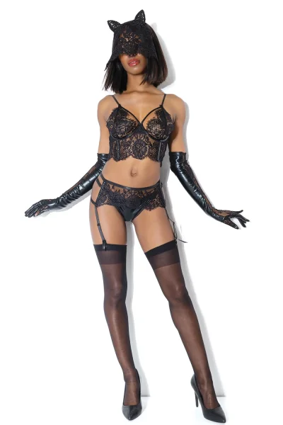 Wet Look Lined Black Lace Bra, Garter & Panty Set