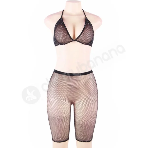 Cherry Banana Black & Rhinestone Fishnet Bikini Style Top & Shorts Set