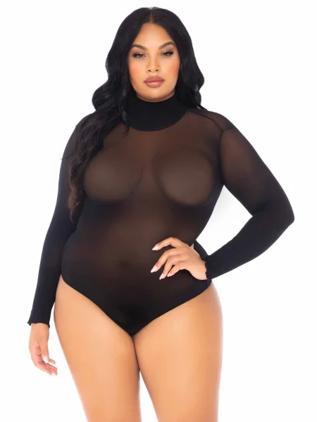 Opaque High Neck Long Sleeve Bodysuit With Snap  Crotch - 1x-2x - Black