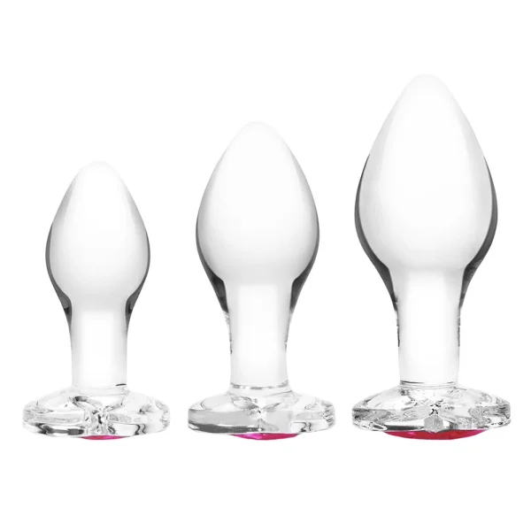 Gläs Heart Jewel Glass Butt Plug 3 Piece Anal Training Set - Clear With Pink Jewel