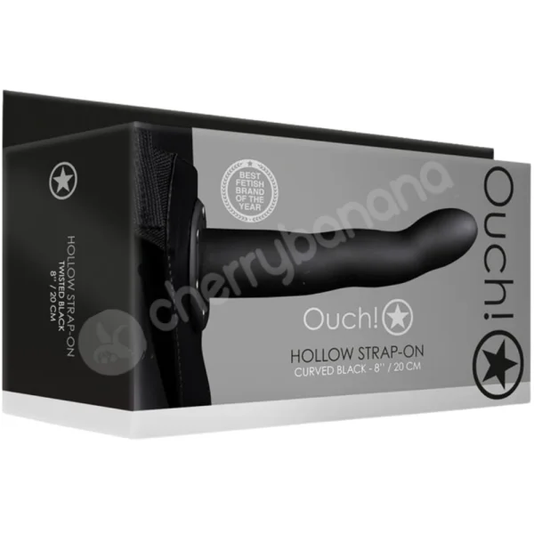 Ouch! Smooth Black 8" Curved Hollow Strap-On Adjustable Set