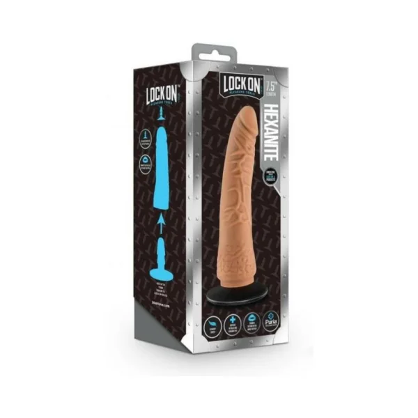 Lock On Hexanite Dildo With Suction Cup Adapter 7.5 In. Mocha
