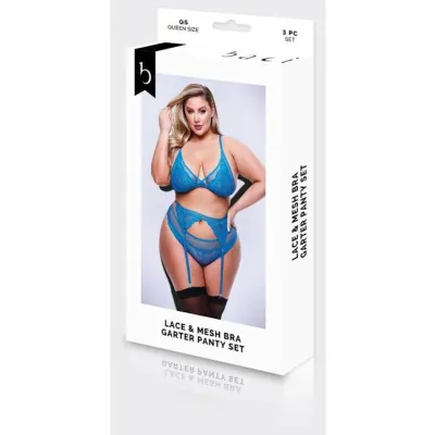 Baci 3pc Lace Mesh Bra Garter Panty Set blu q Bx