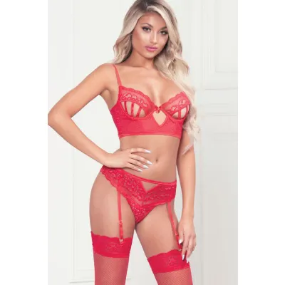 Seven Til Midnight Love Talk Red Geometric Lace Longline Bra with Gartered Panty