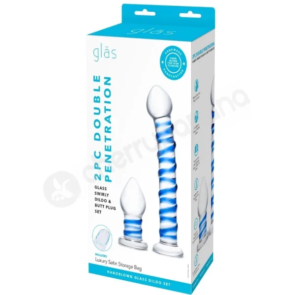Glas 2pc Double Penetration Glass Swirly Dildo & Butt plug Set