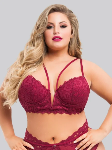 Lovehoney Plus Size Parisienne Wine Lace Plunge Longline Bra Set