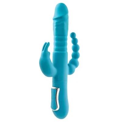 Adam Eve Eve s Thrusting Triple Joy Rabbit Blue USB Rechargeable Thrusting Rabbit Vibe with Anal Tickler