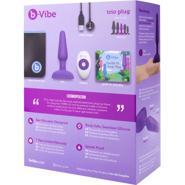 b-Vibe Trio Plug Waterproof Remote Control Vibrating Anal Toy - Purple