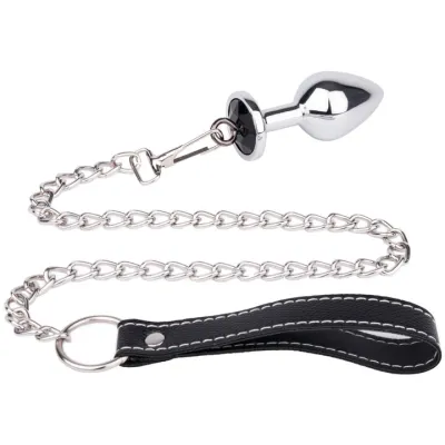 Bejewelled Black Metal Butt Plug with Leash 3 2 Inch