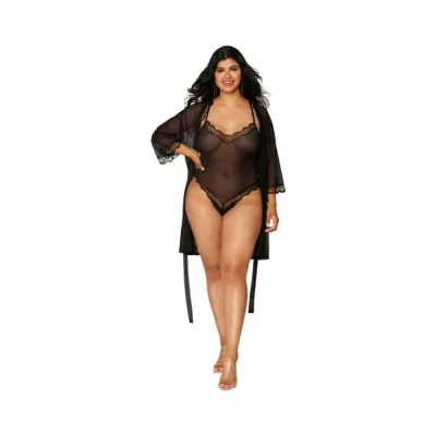 Women s Lingerie Dreamgirl Mesh Robe Strappy Back Teddy With Lace Trim Black 3xl Hanging