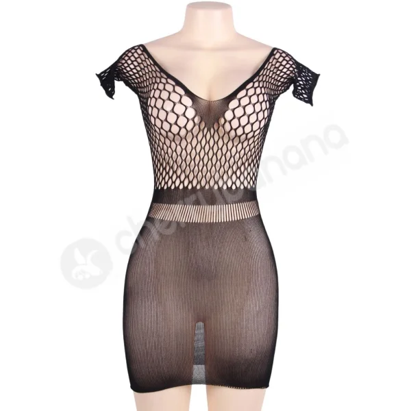 Cherry Banana Black Crotchet Mesh Mini Chemise Dress