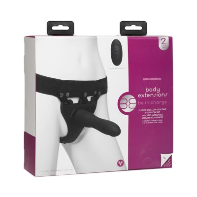 Body Extensions Hollow Large Dong Strap on 2 piece Set With Clitoral Vibrator Black