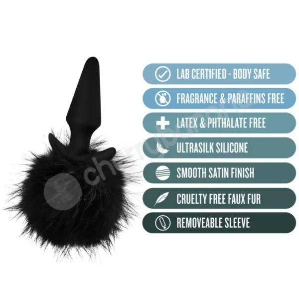 Anal Adventures Platinum Silicone Black Rabbit Faux Fur Tail Butt Plug