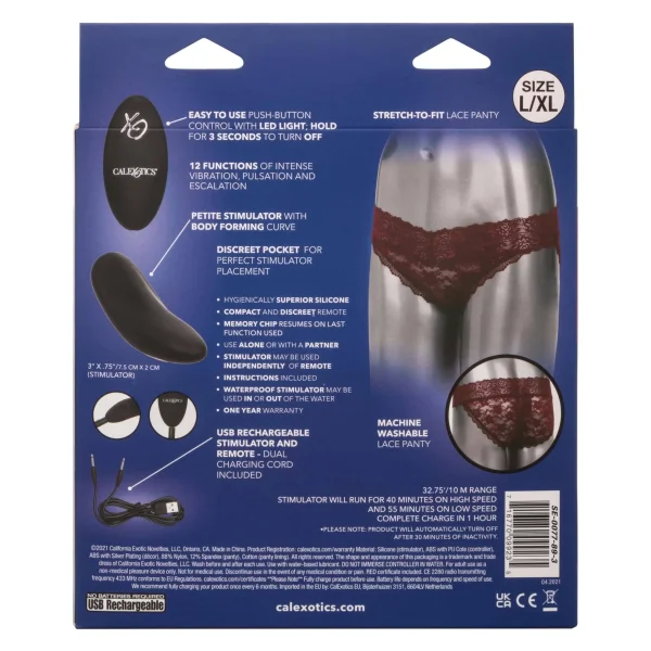 Remote Control Lace Panty Set - L- XL - Burgundy