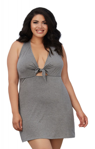 Dreamgirl 1X Heather Grey Soft Spandex-Jersey Chemise with Tie Front