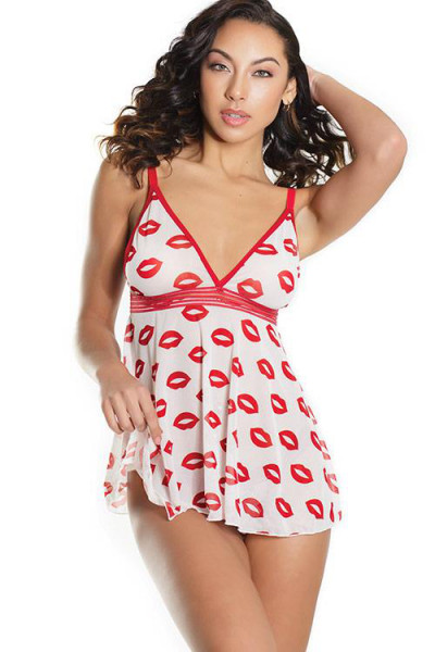 Coquette Kiss Away Lip Print Babydoll with Thong