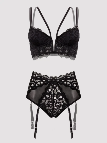 Lovehoney Parisienne Black Lace Plunge Longline Bra Set