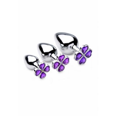 Violet Flower Gem Anal Plug Set 3 pieces Silver Glass Butt Plug