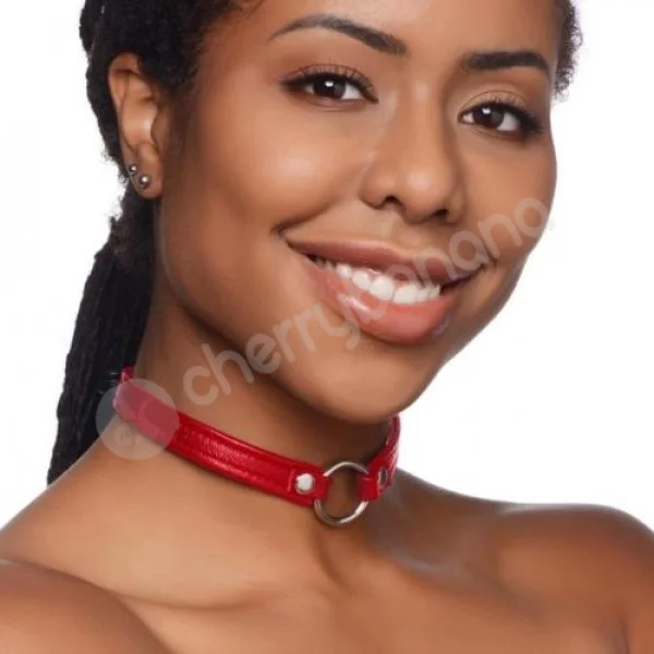 Master Series Fiery Red Pet Leather Choker With Silver Ring
