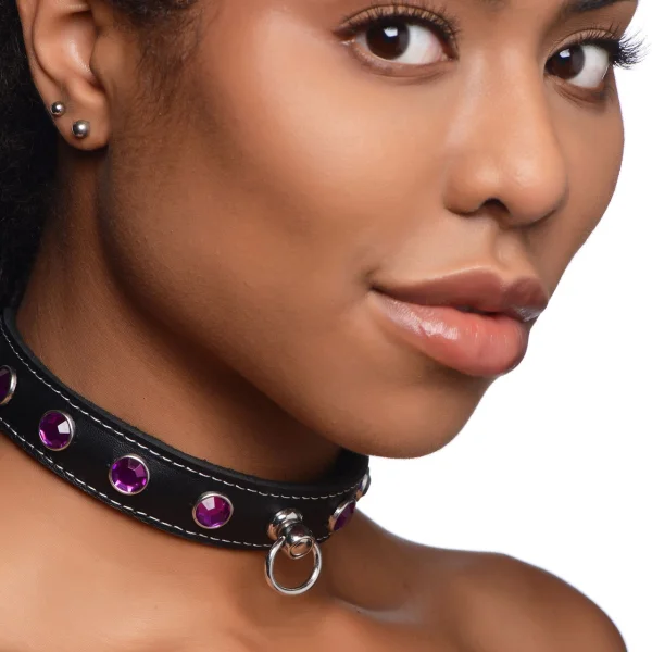 Master Series Leather Collar With Rhinestones - Purple