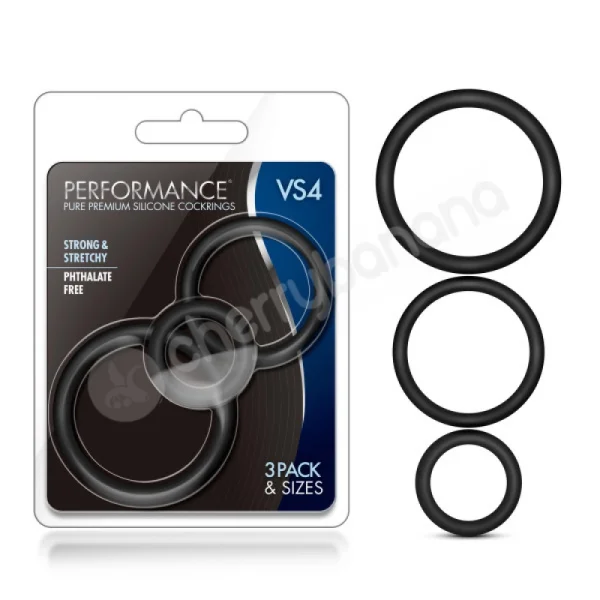 Performance VS4 Pure Premium Silicone Black Cock Rings Mixed 3 Pack