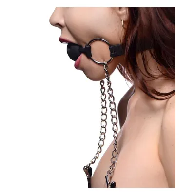 Hinder Breathable Silicone Ball Gag With Nipple Clamps Black
