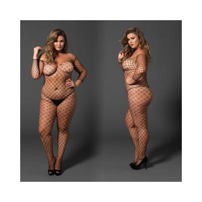 Fence Net Off The Shoulder Bodystocking Long Sleeved Plus Size Black