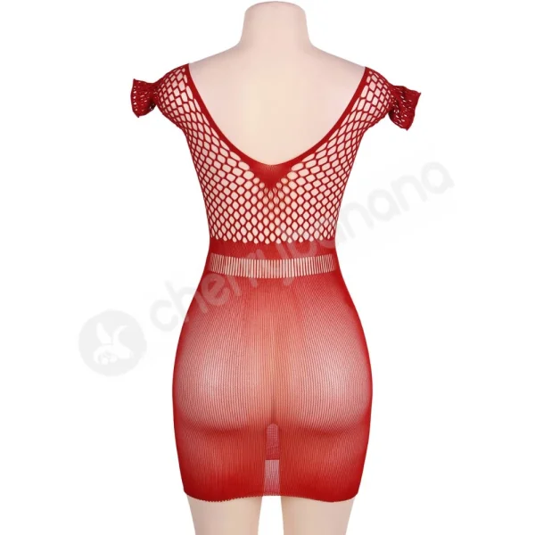 Cherry Banana Red Crotchet Mesh Mini Chemise Dress