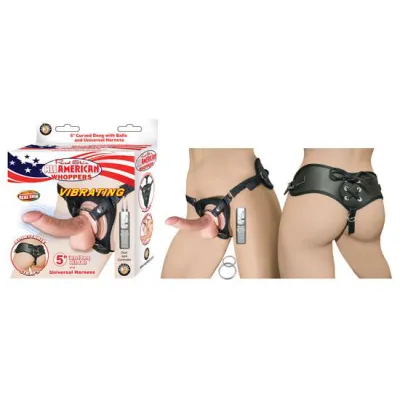 All American Whopper 5 inches Vibrating Curved Dong Harness Beige